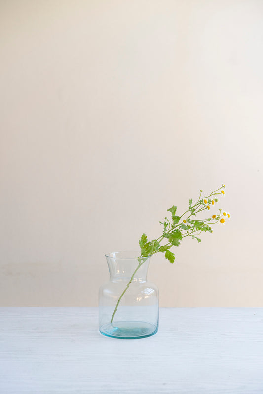 Florero lechero de vidrio con flores frescas en vista decorativa